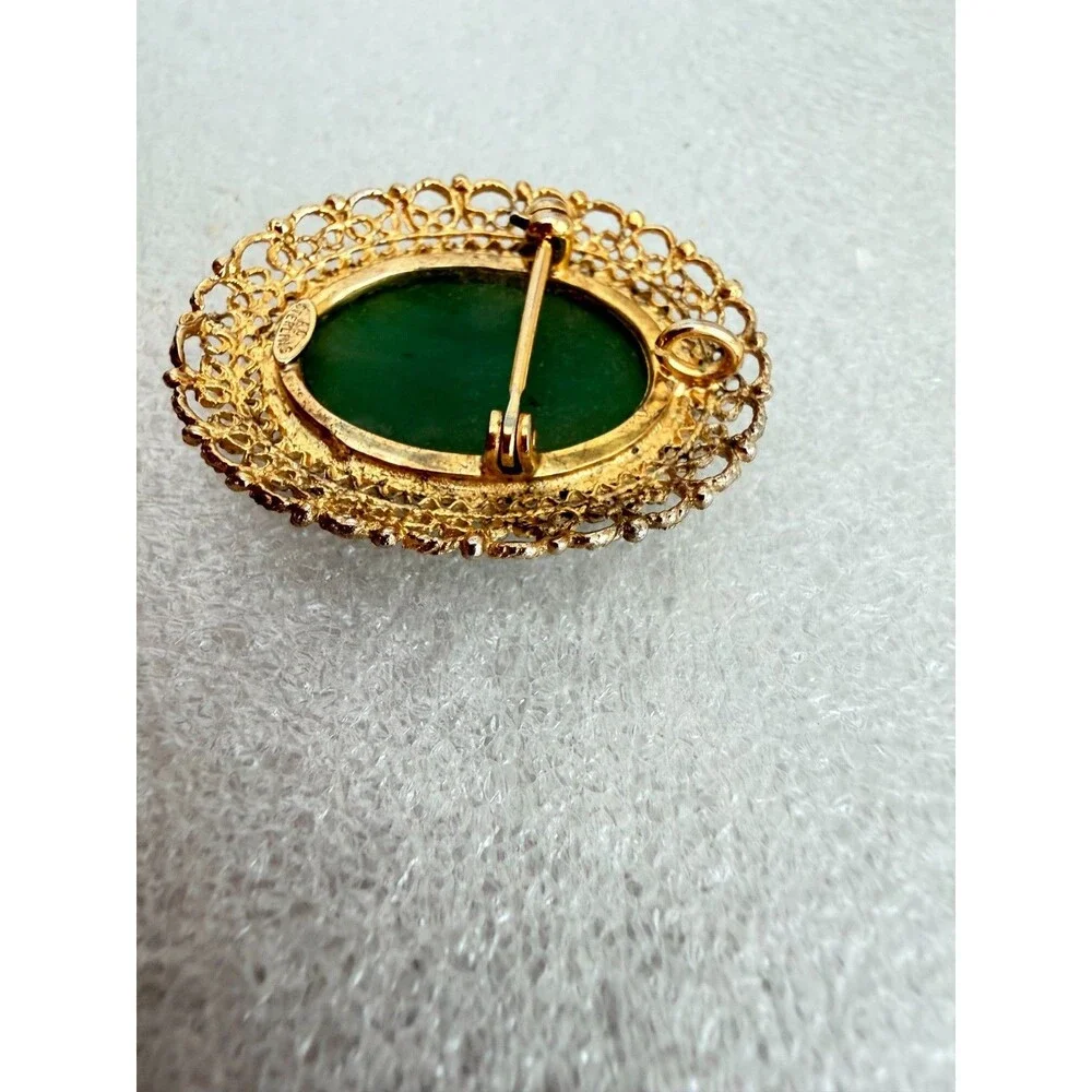 Vintage 1960s Karen Lynne Sterling Silver Gold Vermeil Green Jade Filigree Brooc